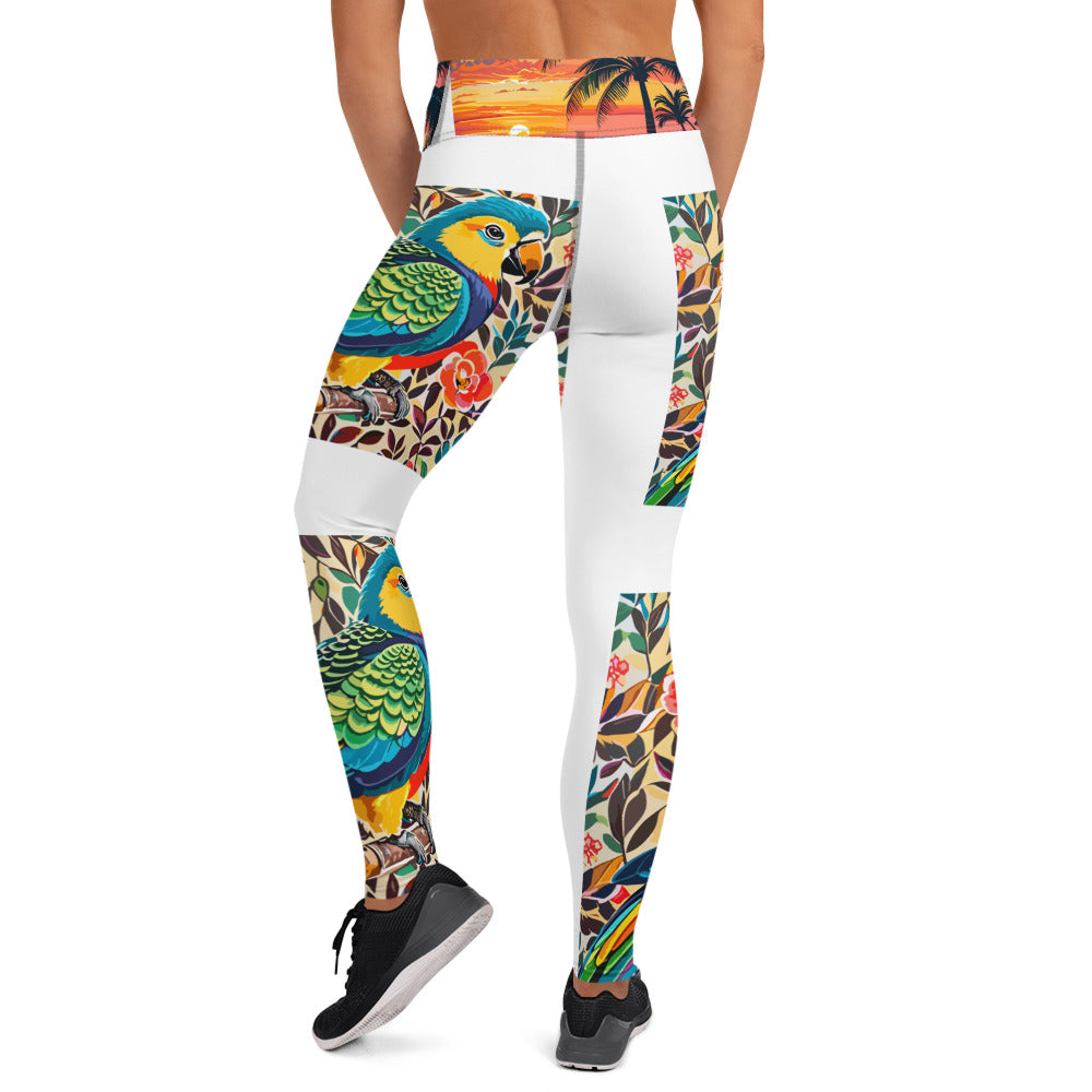 Yoga Leggings "Tropical Harmony: Ámelie Clarisse's Yoga Leggings with Palm Tree and Colorful Parrot Design"