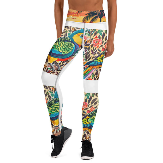 Yoga Leggings "Tropical Harmony: Ámelie Clarisse's Yoga Leggings with Palm Tree and Colorful Parrot Design"