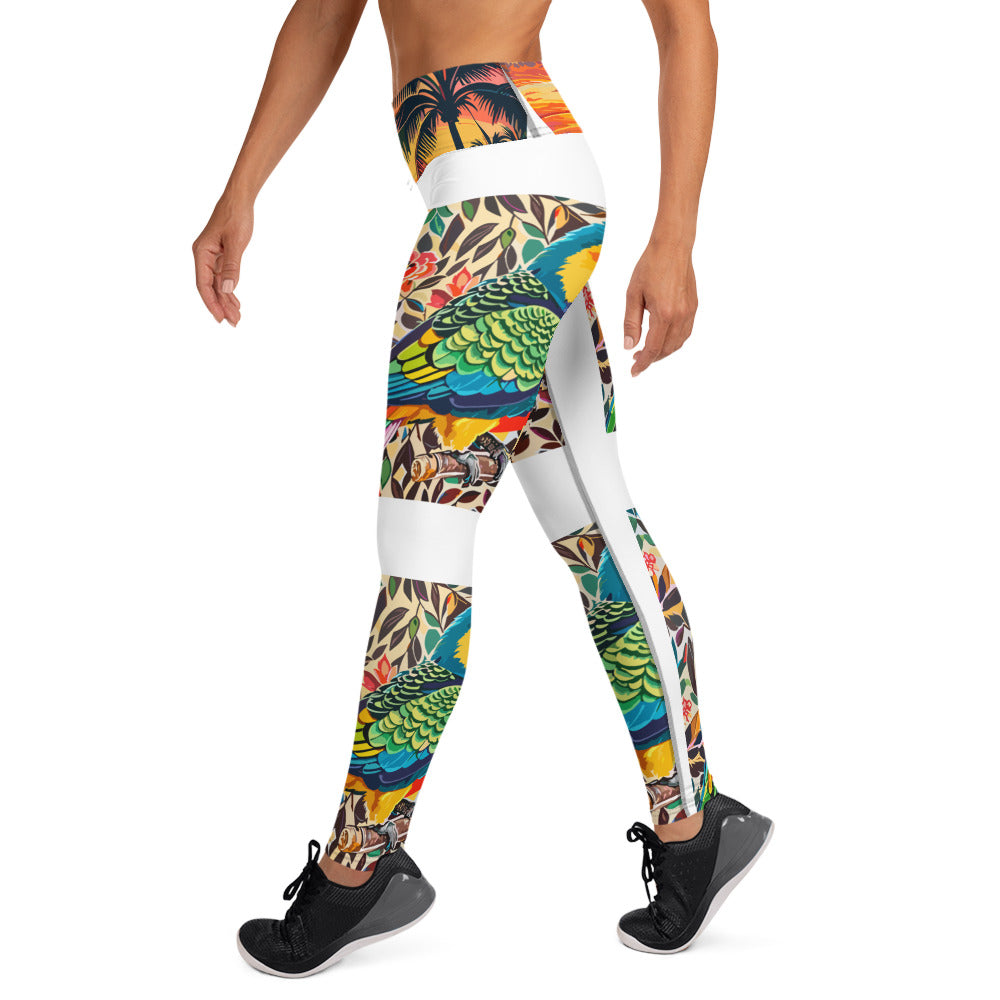 Yoga Leggings "Tropical Harmony: Ámelie Clarisse's Yoga Leggings with Palm Tree and Colorful Parrot Design"