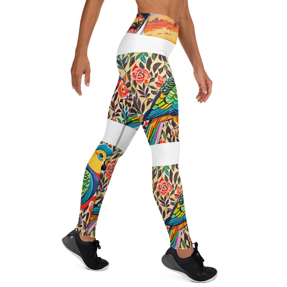 Yoga Leggings "Tropical Harmony: Ámelie Clarisse's Yoga Leggings with Palm Tree and Colorful Parrot Design"